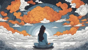 a woman sitting in meditation among the clouds